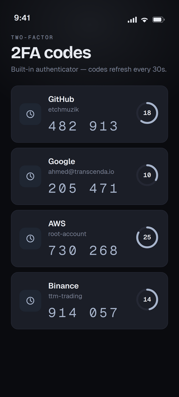 TranVault 2FA codes screen