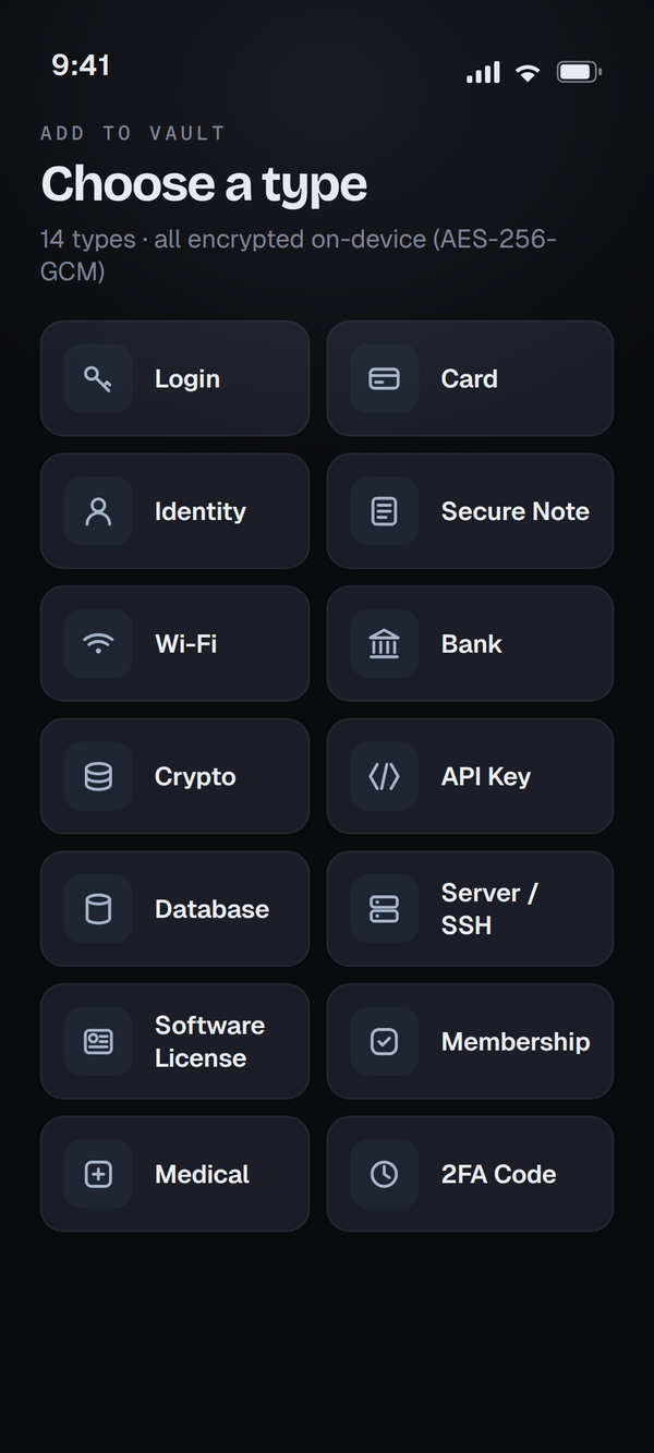 TranVault credential types — logins, cards, crypto, SSH, 2FA and more